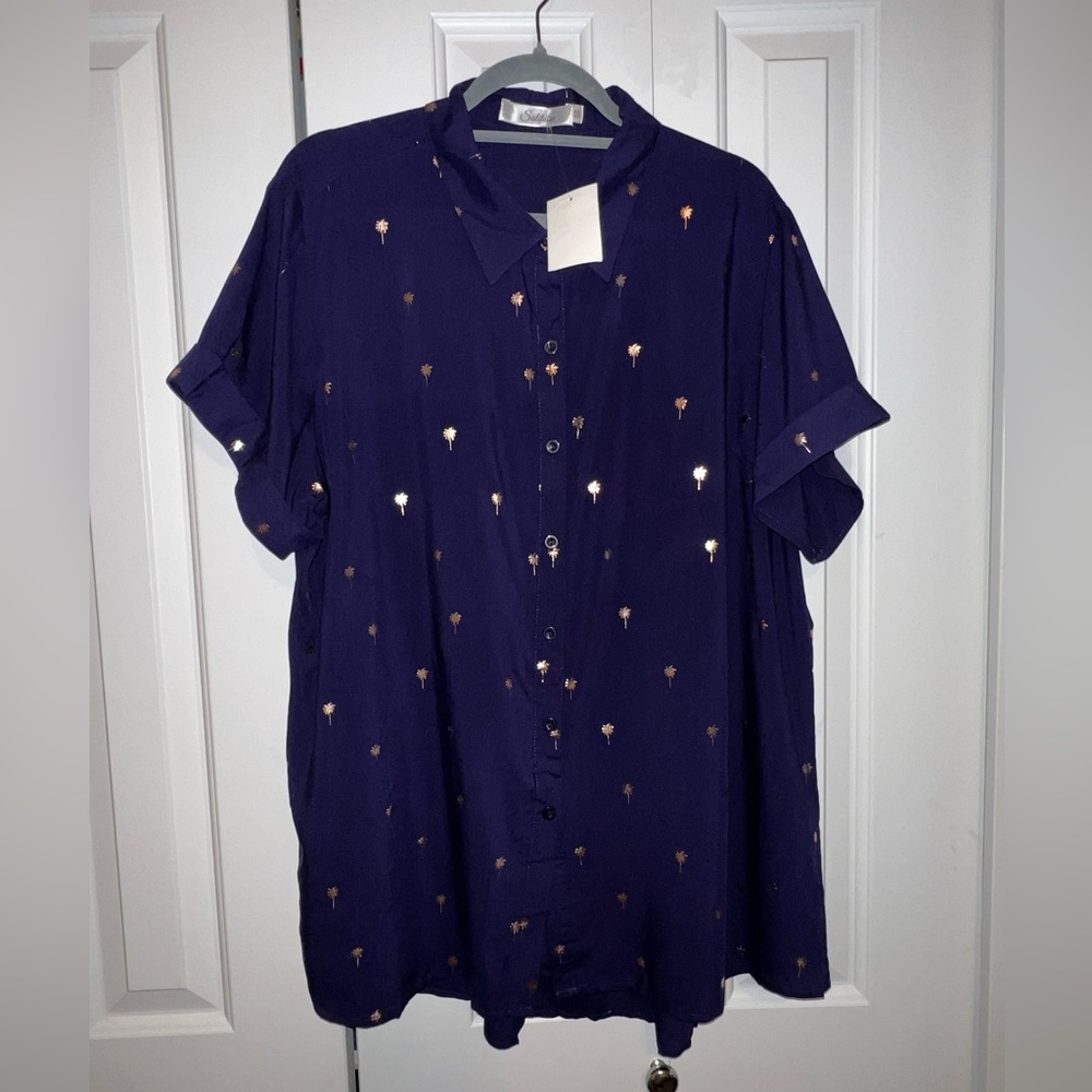 Solitaire Navy Blue Button-Up Blouse with Gold Dot Accents